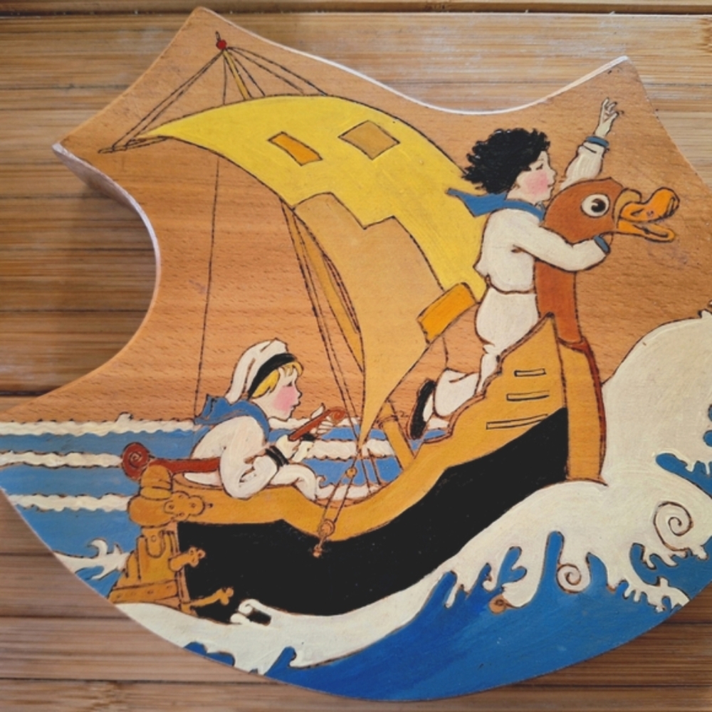 Antique Blue & Yellow Nautical French Fairytale Wall Art, Excellent Condition